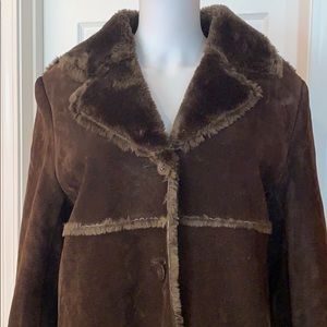 Chocolate Brown Genuine Leather Coat w/Faux Fur